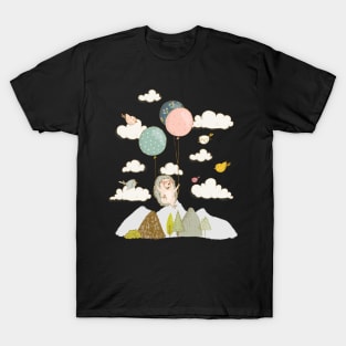 Floating Hedgehog in Sky - Whimsical Scene with Hedgehog and Birds T-Shirt